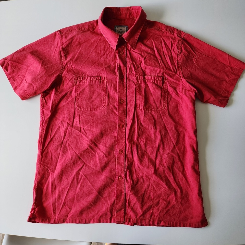 HAGGAR Heritage Collection Cotton Shirt Mens Large Pink‎ Raspberry Short Sleeve